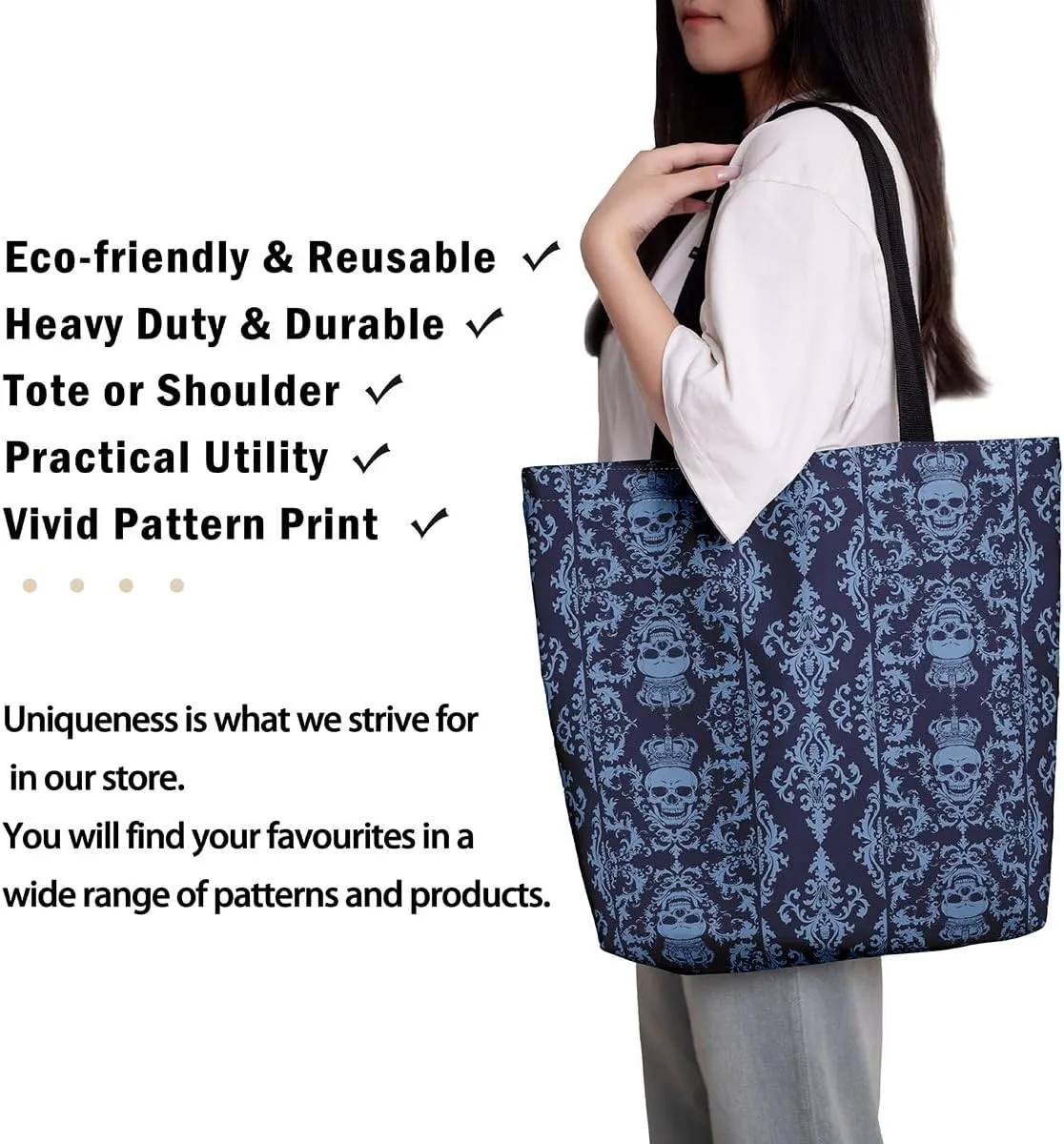 Gothic Canvas Tote Bag for Women,Sugar Skull Reusable Cloth Cotton Bags Spooky Bone Goth Large Capacity Gym Bag