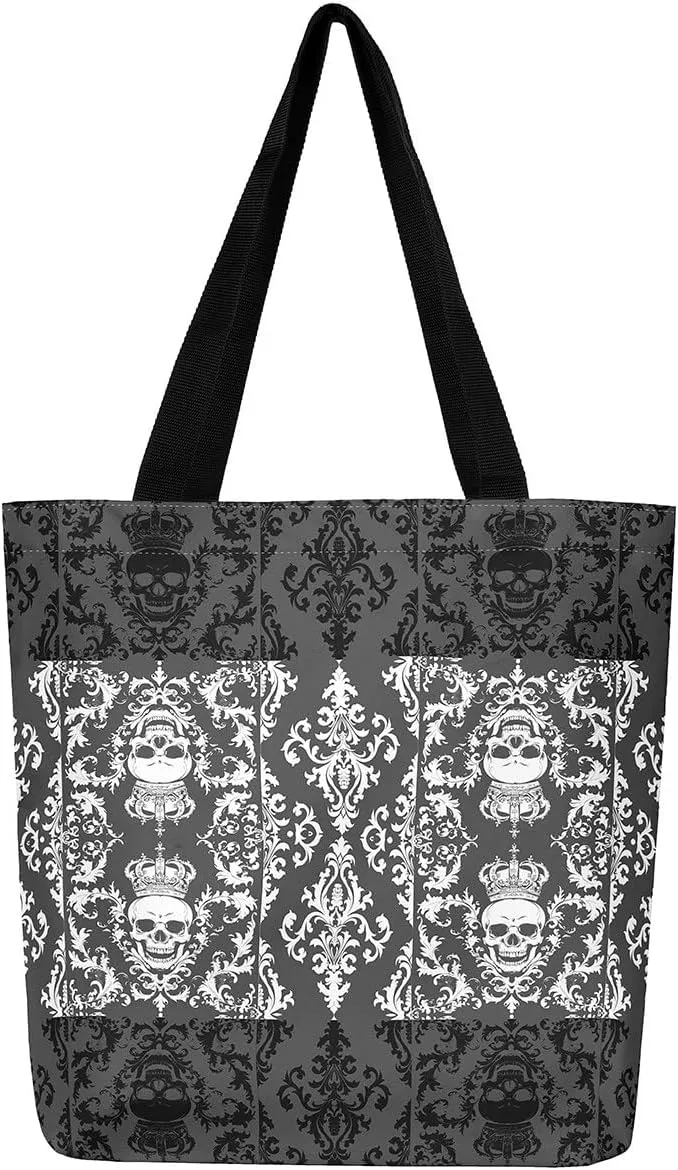 Gothic Canvas Tote Bag for Women,Sugar Skull Reusable Cloth Cotton Bags Spooky Bone Goth Large Capacity Gym Bag
