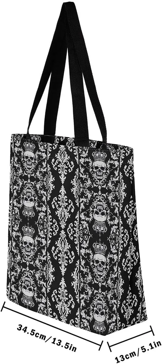 Gothic Canvas Tote Bag for Women,Sugar Skull Reusable Cloth Cotton Bags Spooky Bone Goth Large Capacity Gym Bag