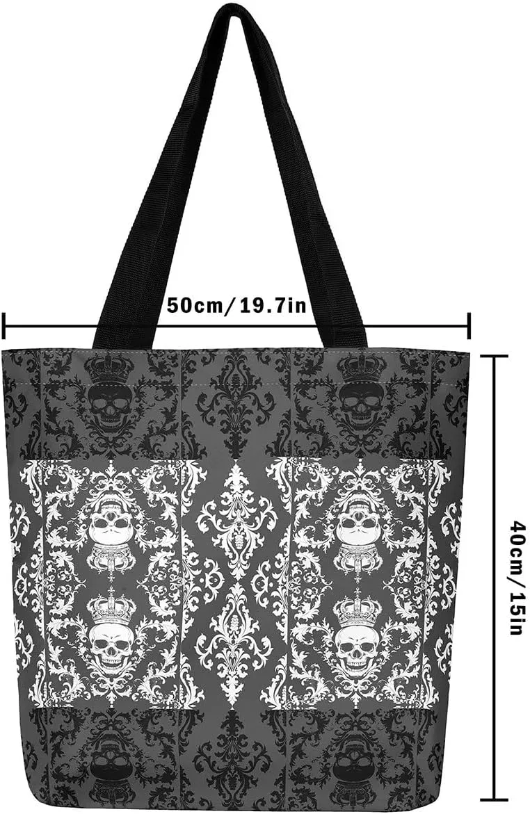 Gothic Canvas Tote Bag for Women,Sugar Skull Reusable Cloth Cotton Bags Spooky Bone Goth Large Capacity Gym Bag