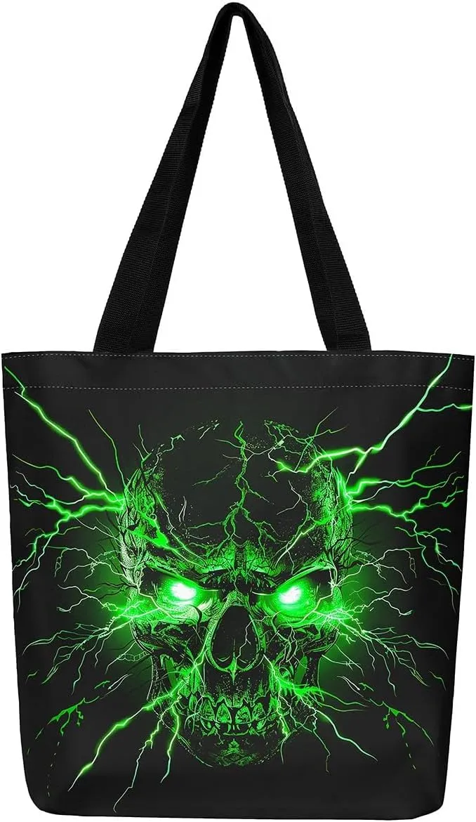 Gothic Canvas Tote Bag for Women,Sugar Skull Reusable Cloth Cotton Bags Spooky Bone Goth Large Capacity Gym Bag