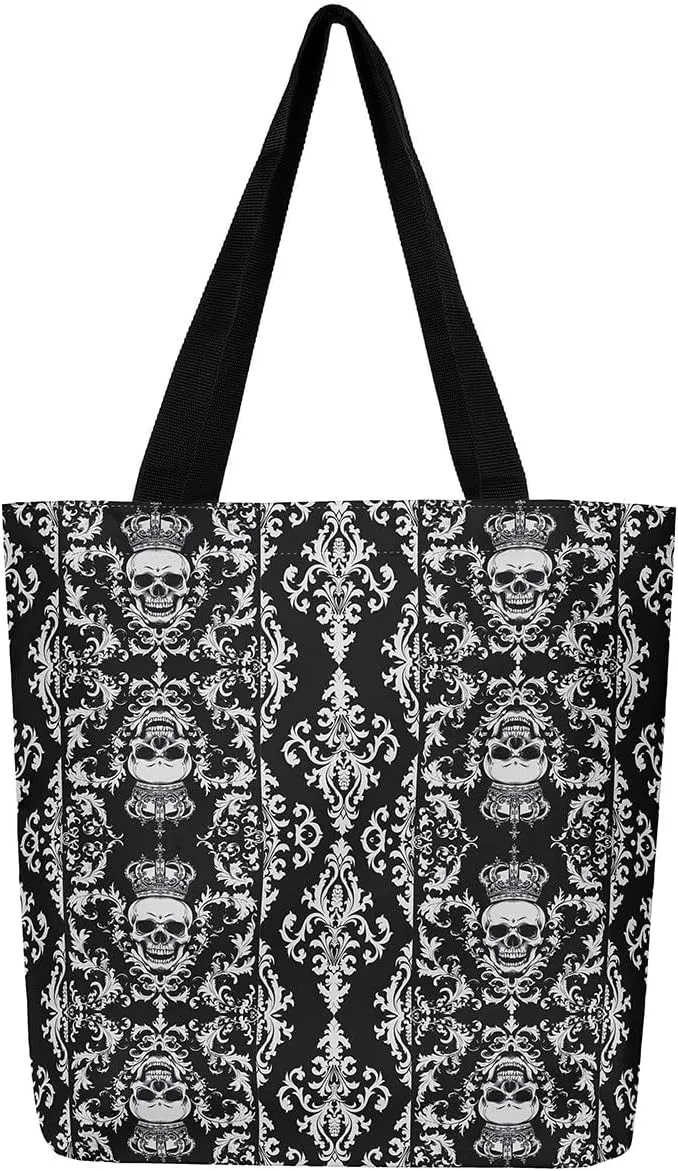 Gothic Canvas Tote Bag for Women,Sugar Skull Reusable Cloth Cotton Bags Spooky Bone Goth Large Capacity Gym Bag
