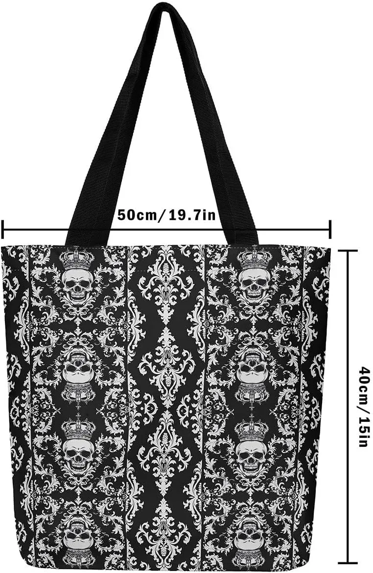 Gothic Canvas Tote Bag for Women,Sugar Skull Reusable Cloth Cotton Bags Spooky Bone Goth Large Capacity Gym Bag
