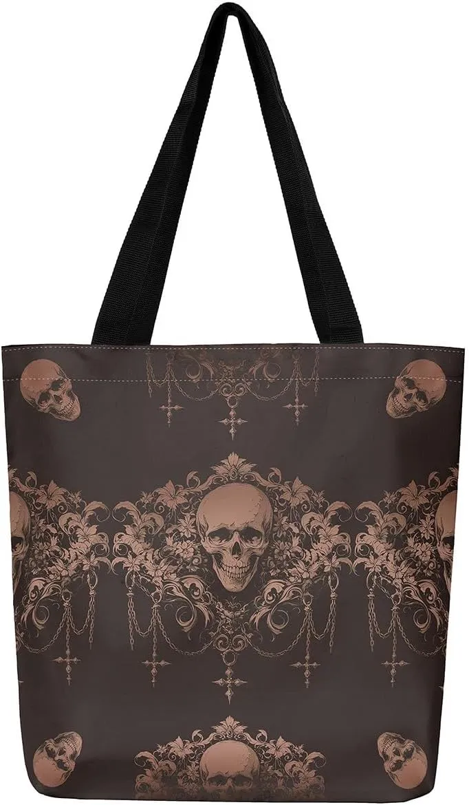 Gothic Canvas Tote Bag for Women,Sugar Skull Reusable Cloth Cotton Bags Spooky Bone Goth Large Capacity Gym Bag