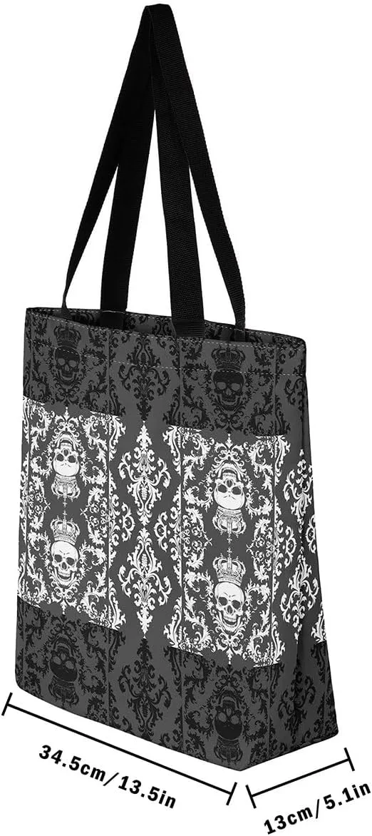 Gothic Canvas Tote Bag for Women,Sugar Skull Reusable Cloth Cotton Bags Spooky Bone Goth Large Capacity Gym Bag