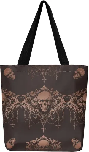 Gothic Canvas Tote Bag for Women,Sugar Skull Reusable Cloth Cotton Bags Spooky Bone Goth Large Capacity Gym Bag