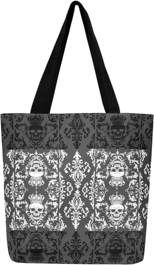Gothic Canvas Tote Bag for Women,Sugar Skull Reusable Cloth Cotton Bags Spooky Bone Goth Large Capacity Gym Bag