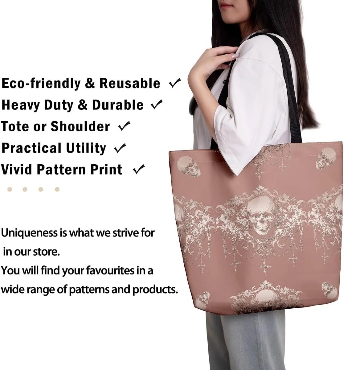 Gothic Canvas Tote Bag for Women,Sugar Skull Reusable Cloth Cotton Bags Spooky Bone Goth Large Capacity Gym Bag