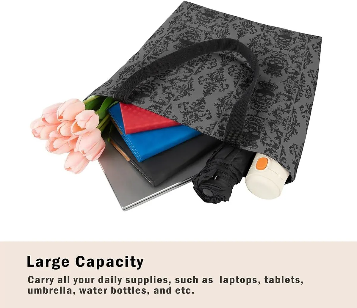 Gothic Canvas Tote Bag for Women,Sugar Skull Reusable Cloth Cotton Bags Spooky Bone Goth Large Capacity Gym Bag