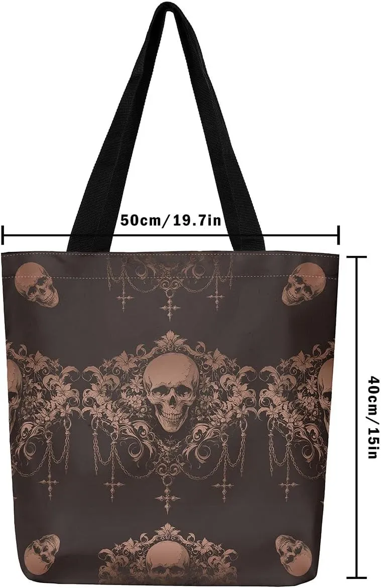 Gothic Canvas Tote Bag for Women,Sugar Skull Reusable Cloth Cotton Bags Spooky Bone Goth Large Capacity Gym Bag