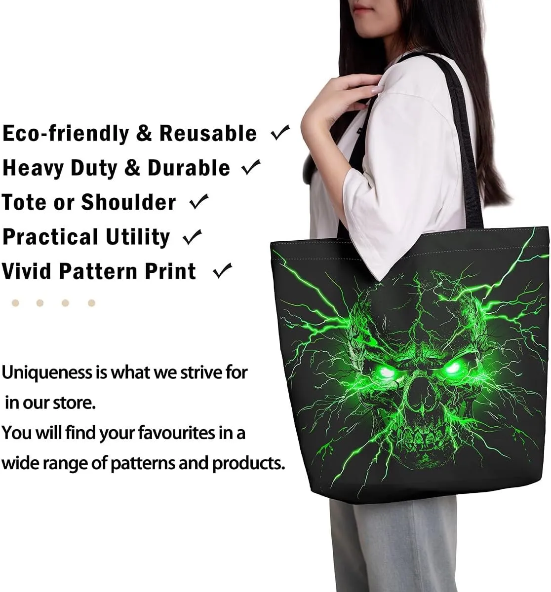 Gothic Canvas Tote Bag for Women,Sugar Skull Reusable Cloth Cotton Bags Spooky Bone Goth Large Capacity Gym Bag