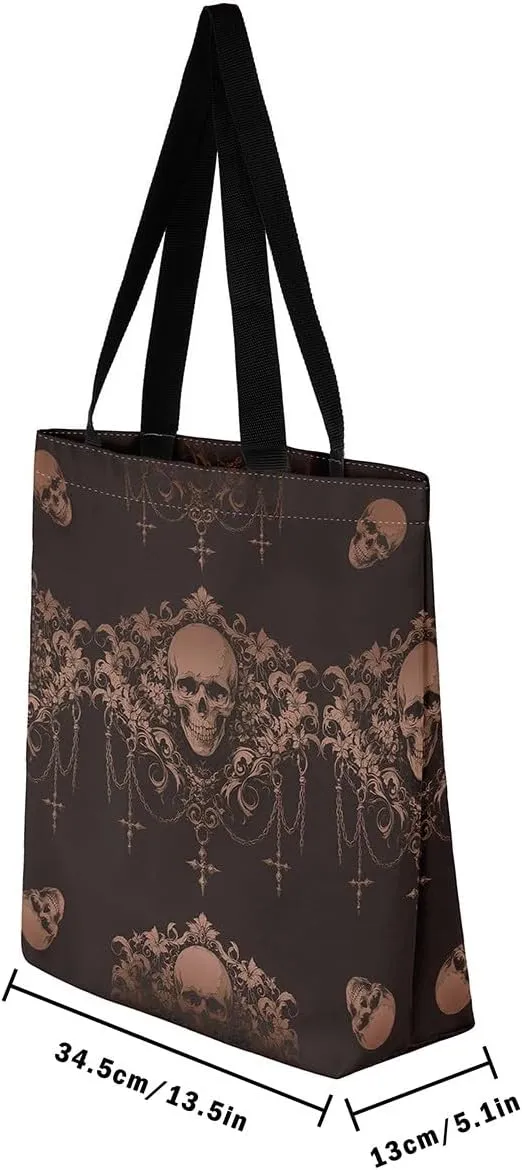 Gothic Canvas Tote Bag for Women,Sugar Skull Reusable Cloth Cotton Bags Spooky Bone Goth Large Capacity Gym Bag