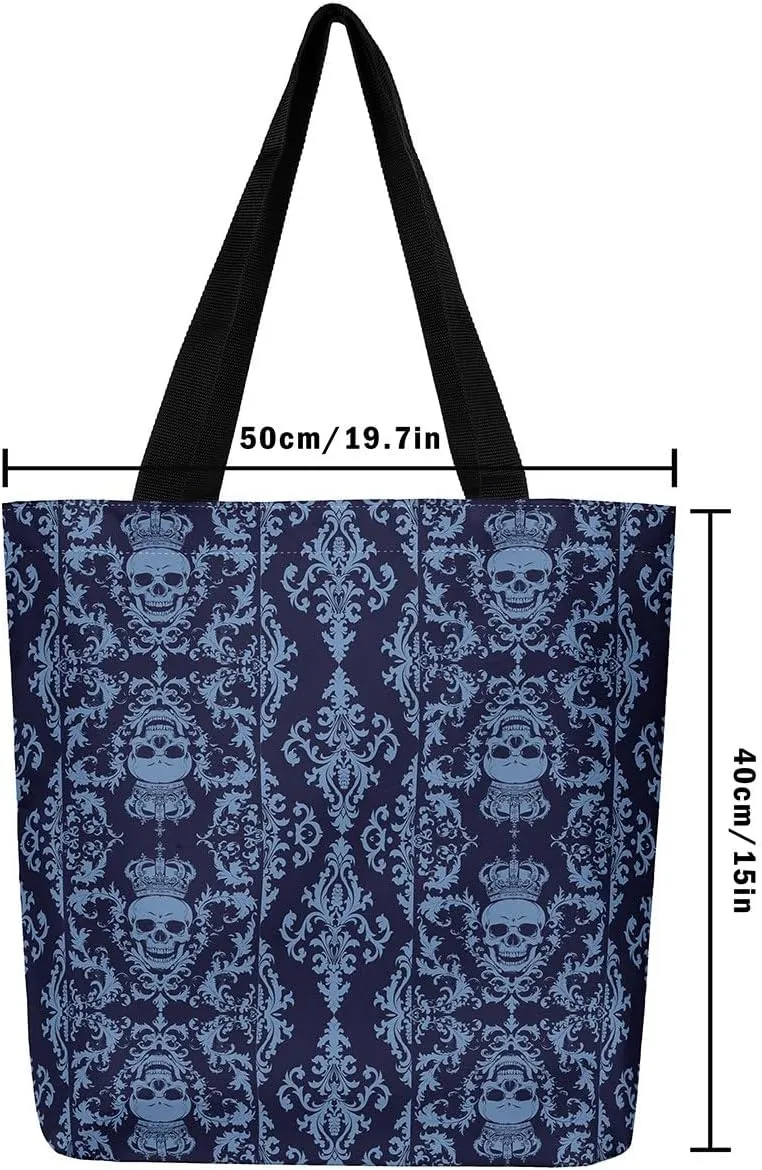 Gothic Canvas Tote Bag for Women,Sugar Skull Reusable Cloth Cotton Bags Spooky Bone Goth Large Capacity Gym Bag