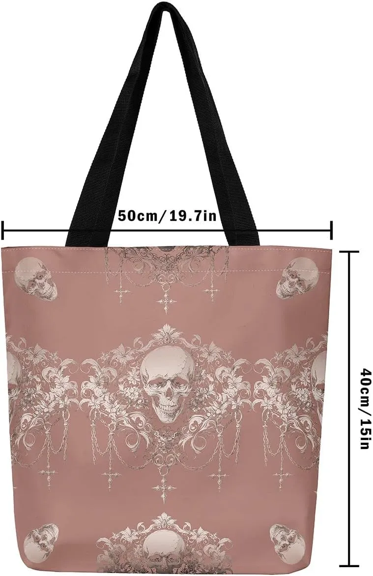 Gothic Canvas Tote Bag for Women,Sugar Skull Reusable Cloth Cotton Bags Spooky Bone Goth Large Capacity Gym Bag
