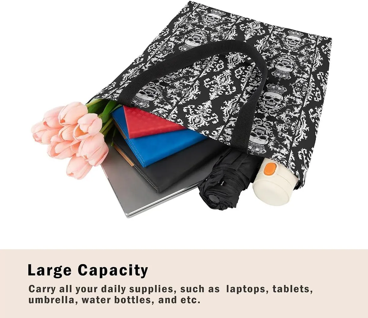 Gothic Canvas Tote Bag for Women,Sugar Skull Reusable Cloth Cotton Bags Spooky Bone Goth Large Capacity Gym Bag