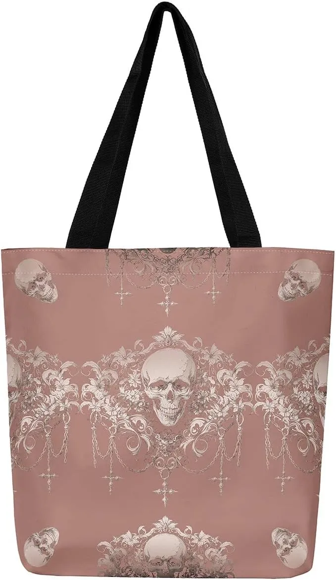 Gothic Canvas Tote Bag for Women,Sugar Skull Reusable Cloth Cotton Bags Spooky Bone Goth Large Capacity Gym Bag
