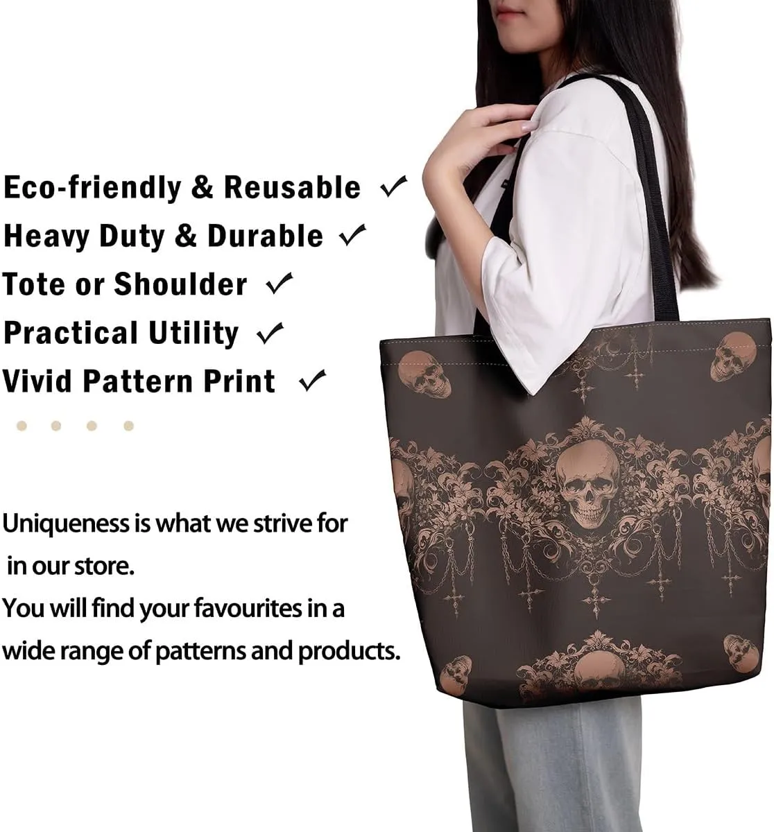 Gothic Canvas Tote Bag for Women,Sugar Skull Reusable Cloth Cotton Bags Spooky Bone Goth Large Capacity Gym Bag