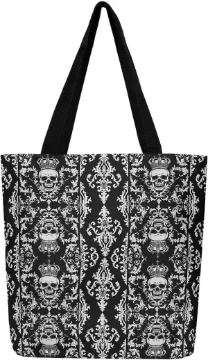 Gothic Canvas Tote Bag for Women,Sugar Skull Reusable Cloth Cotton Bags Spooky Bone Goth Large Capacity Gym Bag