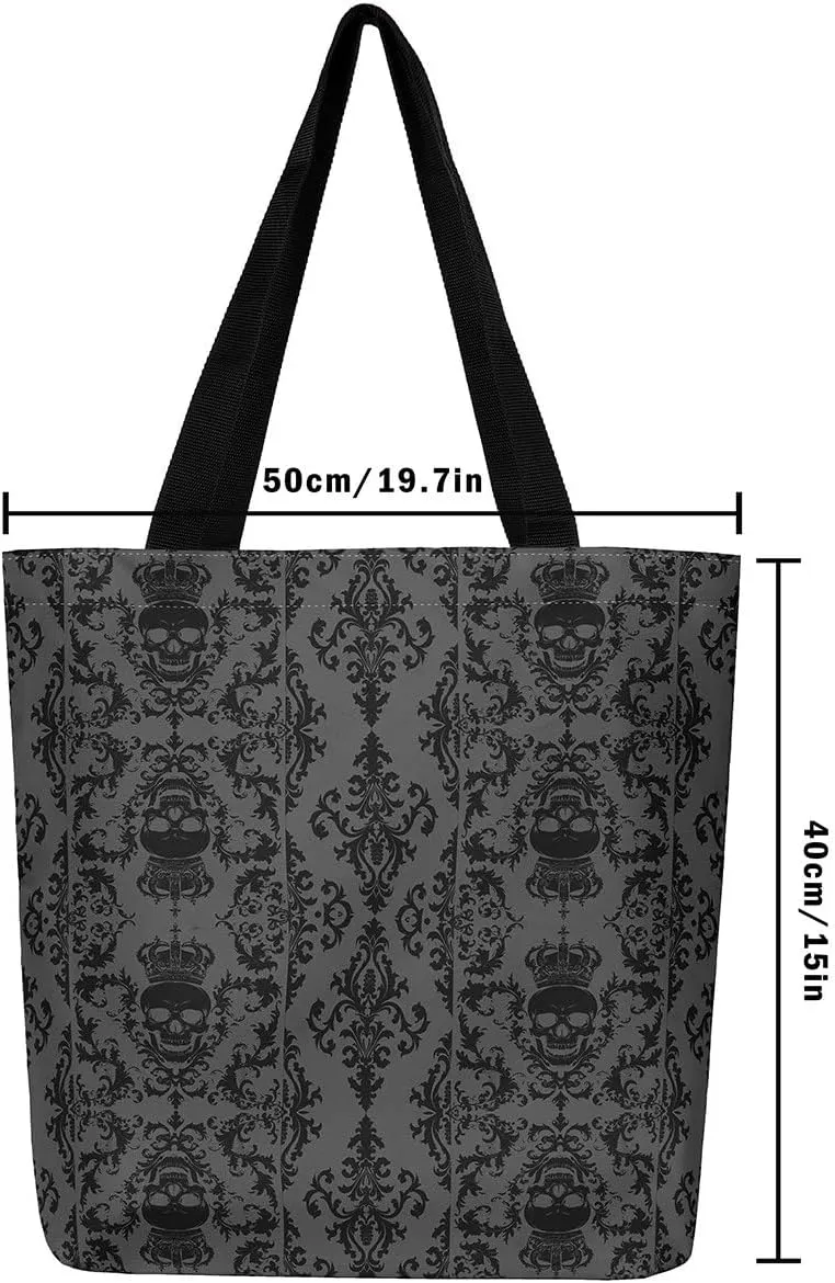 Gothic Canvas Tote Bag for Women,Sugar Skull Reusable Cloth Cotton Bags Spooky Bone Goth Large Capacity Gym Bag