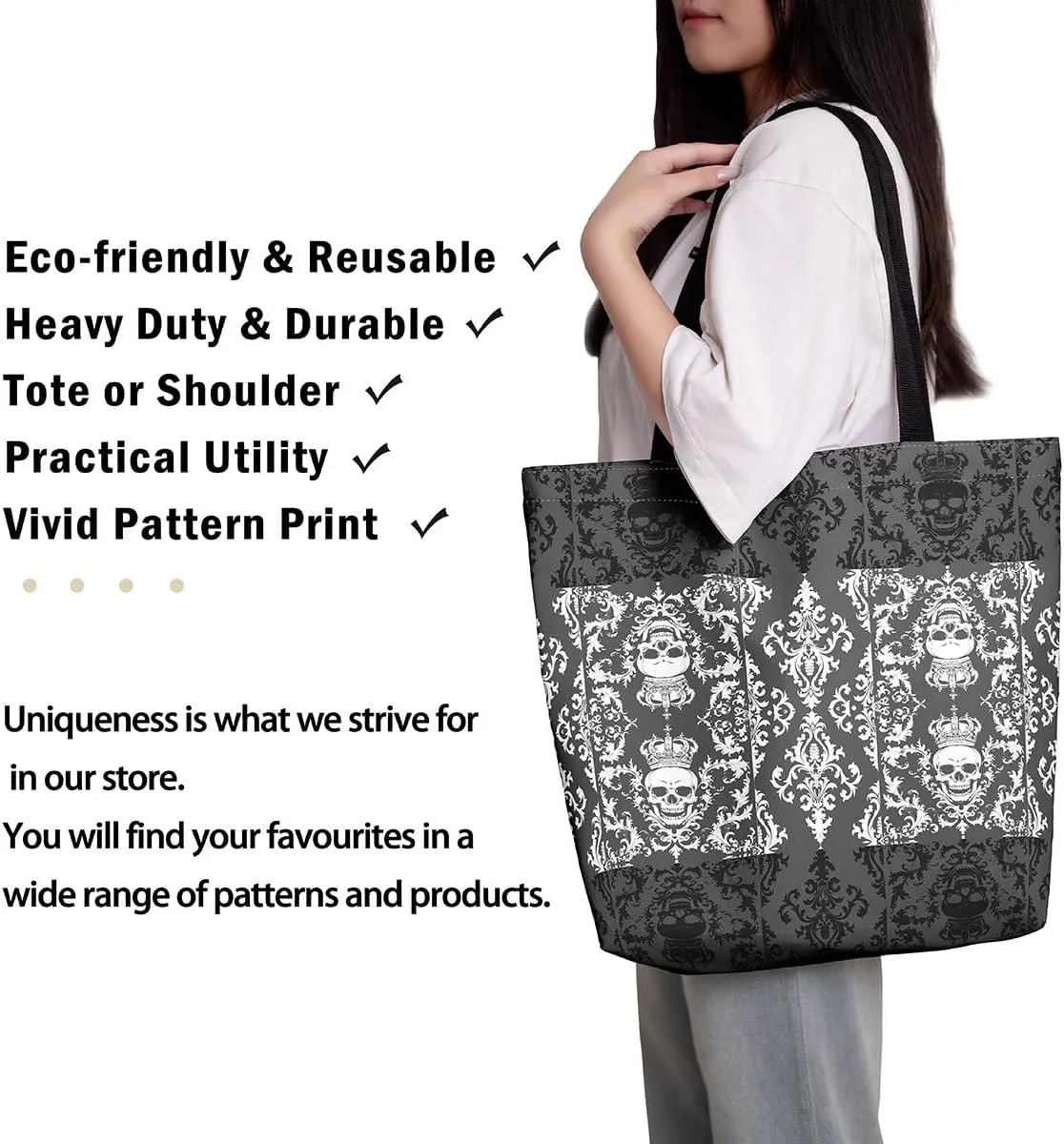 Gothic Canvas Tote Bag for Women,Sugar Skull Reusable Cloth Cotton Bags Spooky Bone Goth Large Capacity Gym Bag