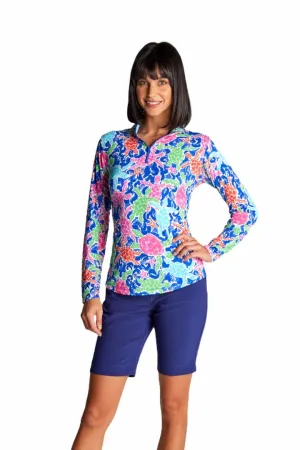 Gottex Mock Neck Sun Shirt -Turtles  Navy