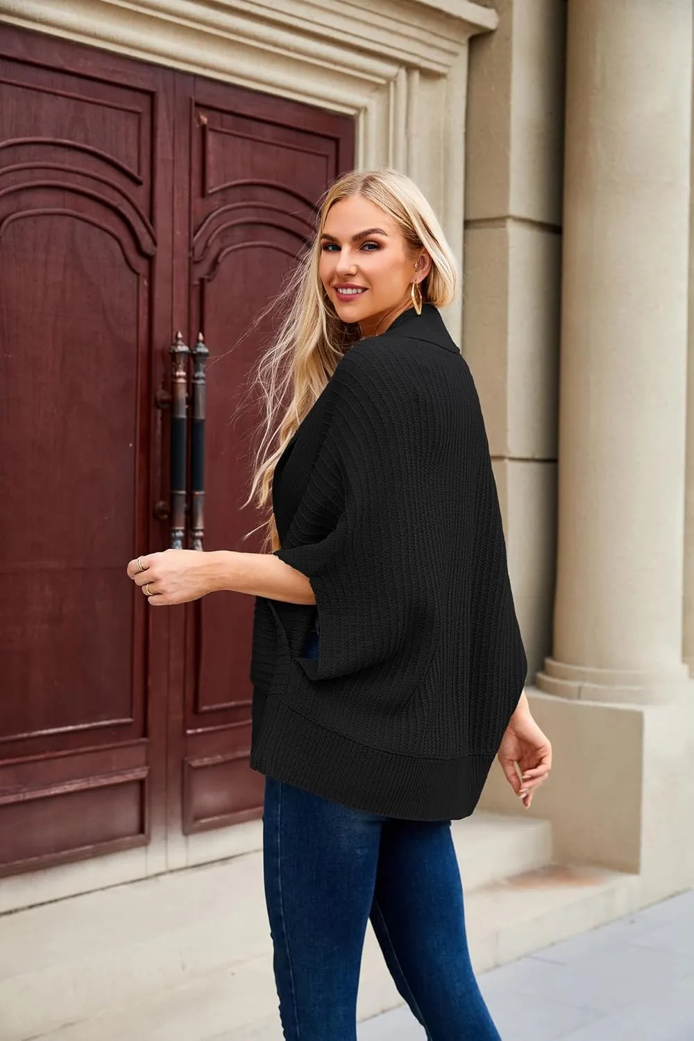 GRACE KARIN Women's 2024 Fall Batwing Sleeve Open Front Cardigan Draped Knitted Shrug Sweater with Pocket