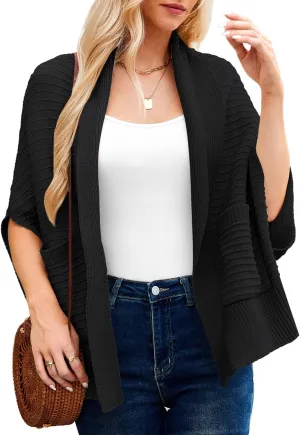 GRACE KARIN Women's 2024 Fall Batwing Sleeve Open Front Cardigan Draped Knitted Shrug Sweater with Pocket