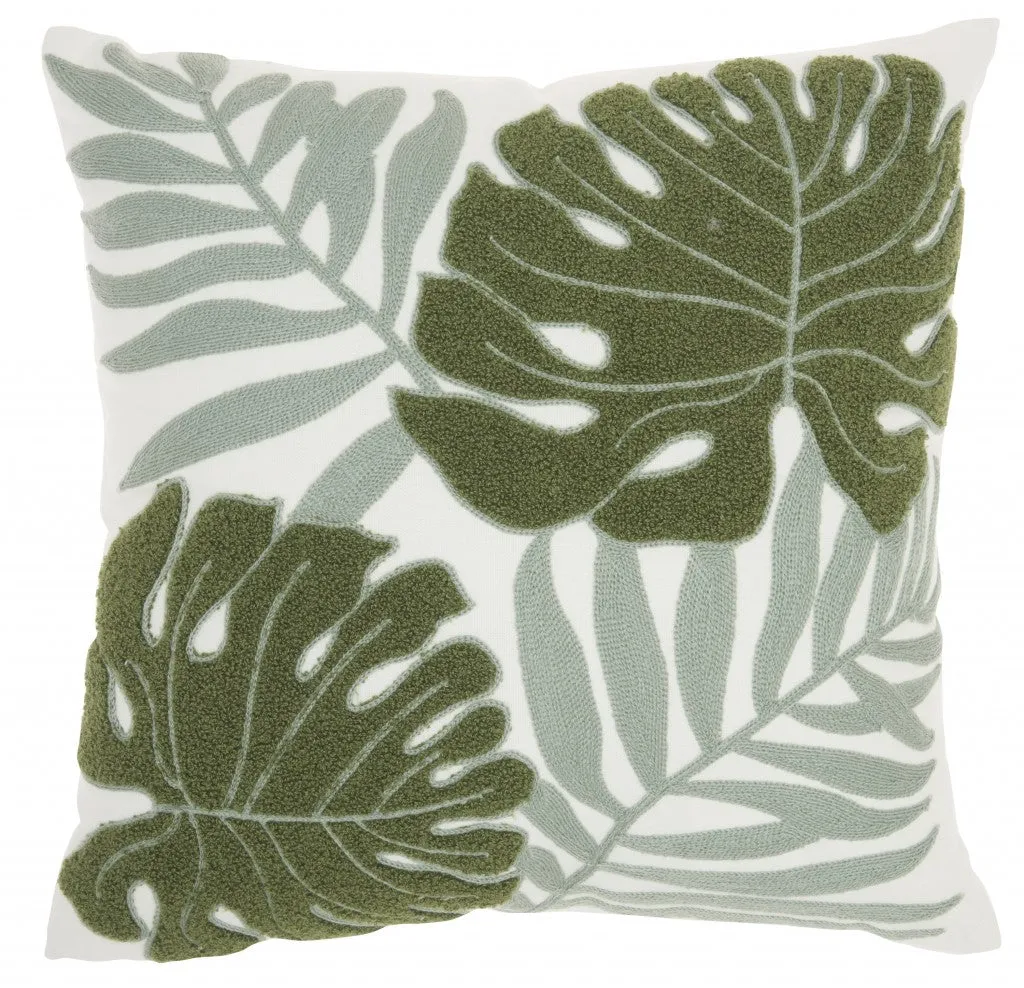 Green and Ivory Tropical Leaves Throw Pillow 18"