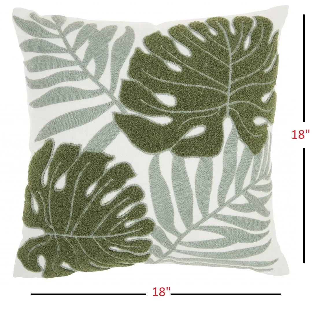 Green and Ivory Tropical Leaves Throw Pillow 18"