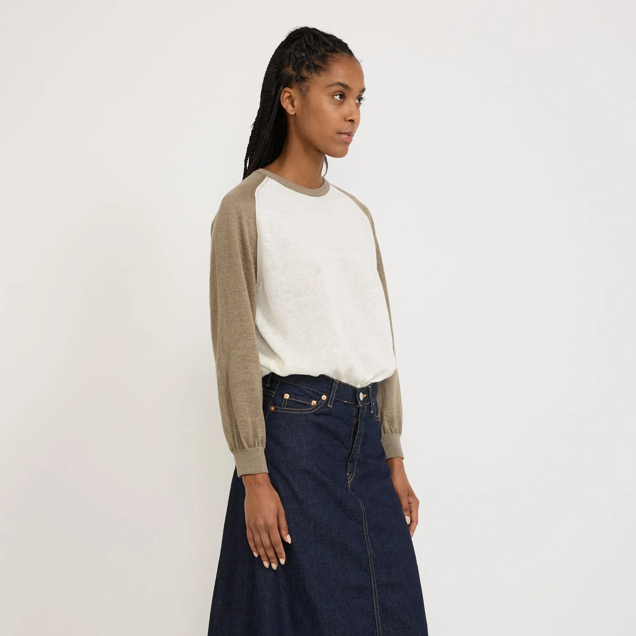 Grin Linen Knit Top Khaki/Ivory