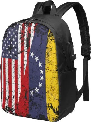 Half American Venezuelan Venezuela Flag Laptop Backpacks Travel Backpack Casual Business Daypack Sport Rucksack Computer Bag Fits up to 17 Inch Notebook with USB Port