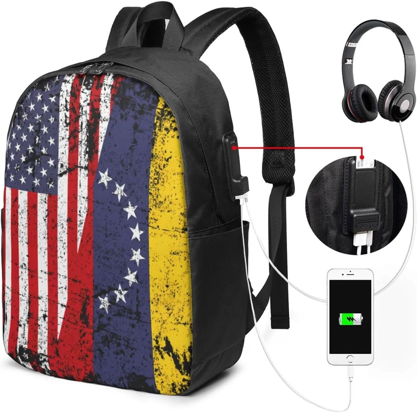 Half American Venezuelan Venezuela Flag Laptop Backpacks Travel Backpack Casual Business Daypack Sport Rucksack Computer Bag Fits up to 17 Inch Notebook with USB Port