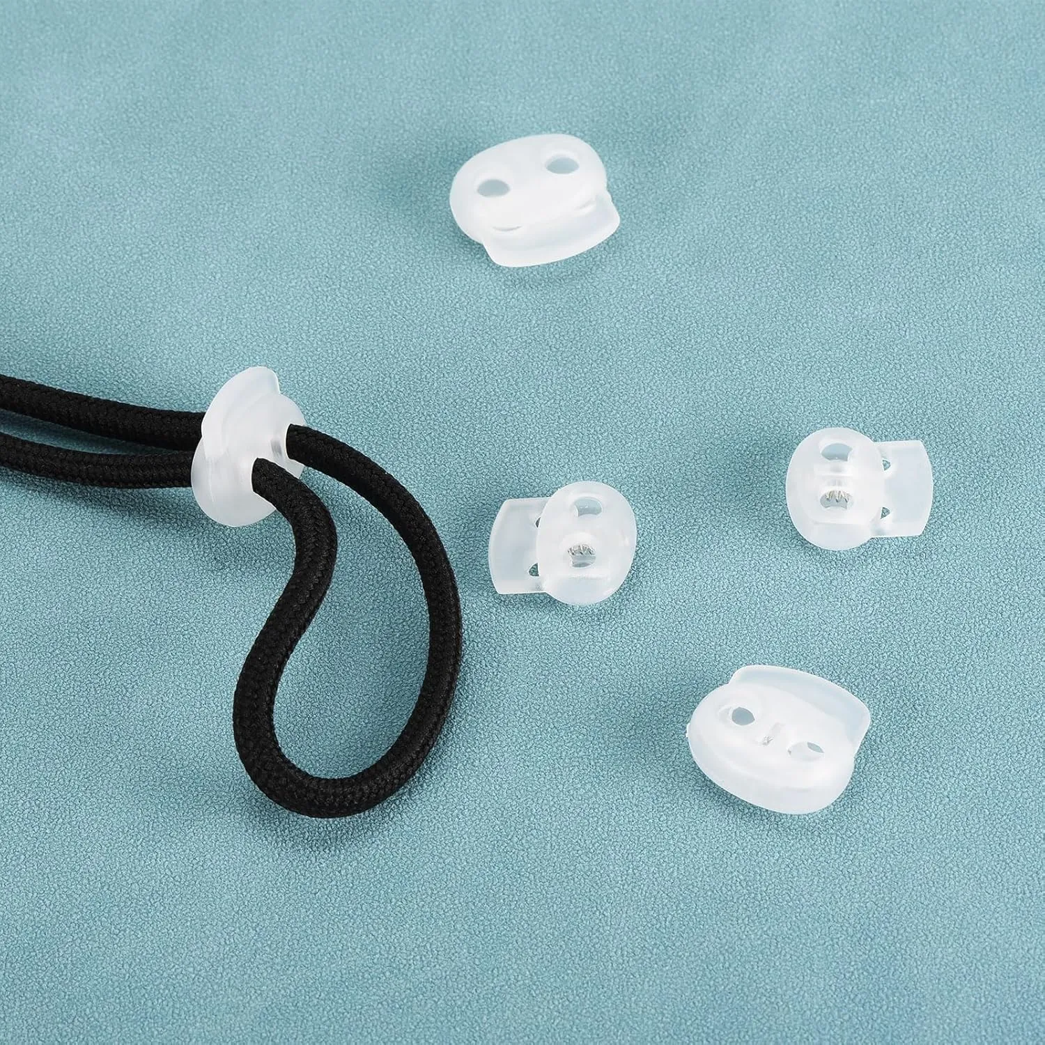 HARFINGTON 30pcs Plastic Cord Lock Double Hole Spring Toggle Stopper Fasteners Elastic Cord Adjuster Slider for Drawstrings Paracord Shoelaces Clothing Luggage Backpack Camping, Translucent
