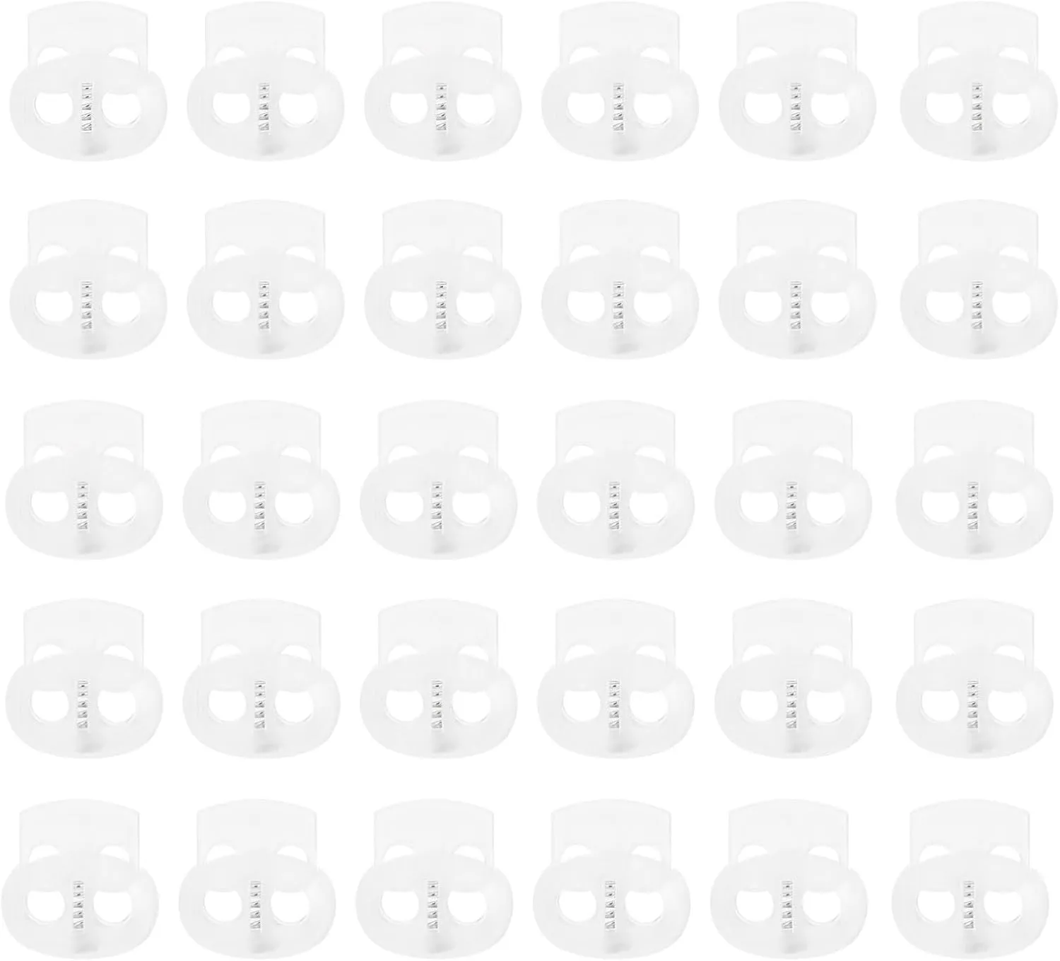 HARFINGTON 30pcs Plastic Cord Lock Double Hole Spring Toggle Stopper Fasteners Elastic Cord Adjuster Slider for Drawstrings Paracord Shoelaces Clothing Luggage Backpack Camping, Translucent