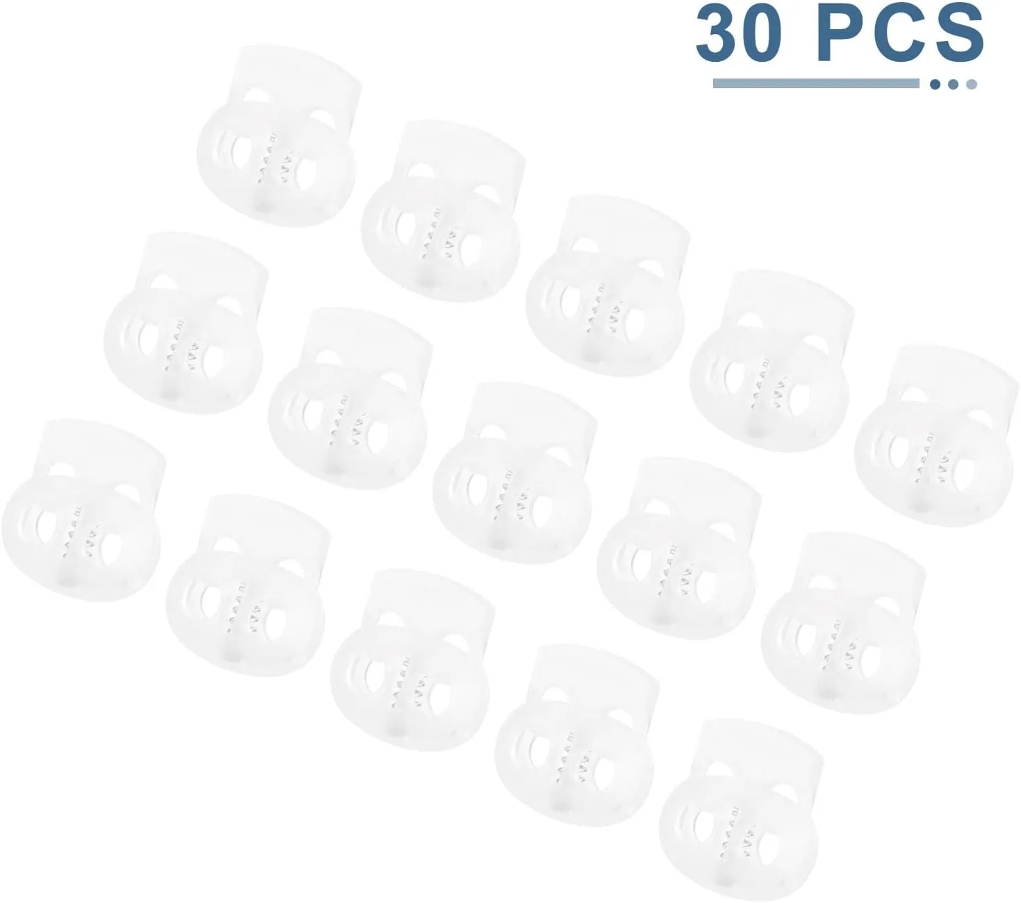HARFINGTON 30pcs Plastic Cord Lock Double Hole Spring Toggle Stopper Fasteners Elastic Cord Adjuster Slider for Drawstrings Paracord Shoelaces Clothing Luggage Backpack Camping, Translucent