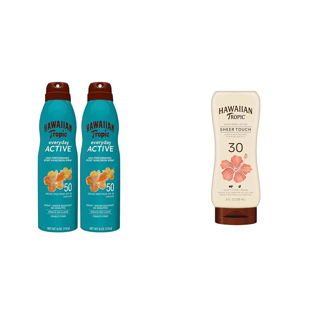 Hawaiian Tropic Everyday Active Spray SPF 50 Twin Pack and Sheer Touch Ultra Radiance Lotion SPF 30