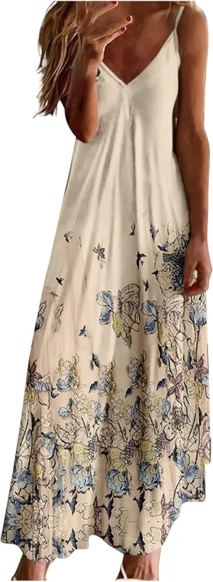 Hawaiian Tropical Beach Dresses for Women Summer Fall Sleeveless Slip V Neck Maxi Long Loose Fit Dresses Women 2024