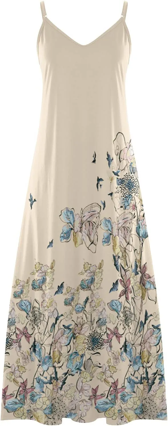 Hawaiian Tropical Beach Dresses for Women Summer Fall Sleeveless Slip V Neck Maxi Long Loose Fit Dresses Women 2024