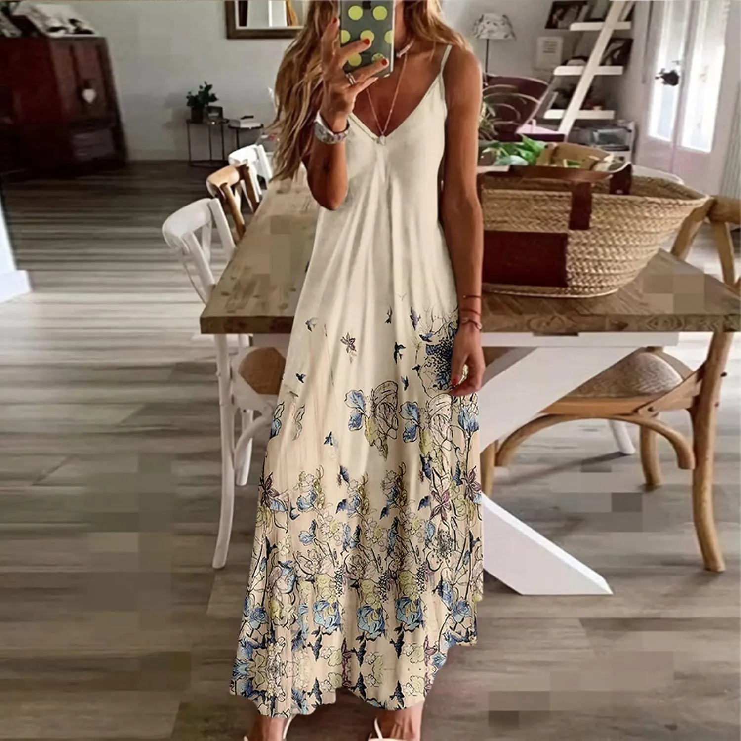 Hawaiian Tropical Beach Dresses for Women Summer Fall Sleeveless Slip V Neck Maxi Long Loose Fit Dresses Women 2024