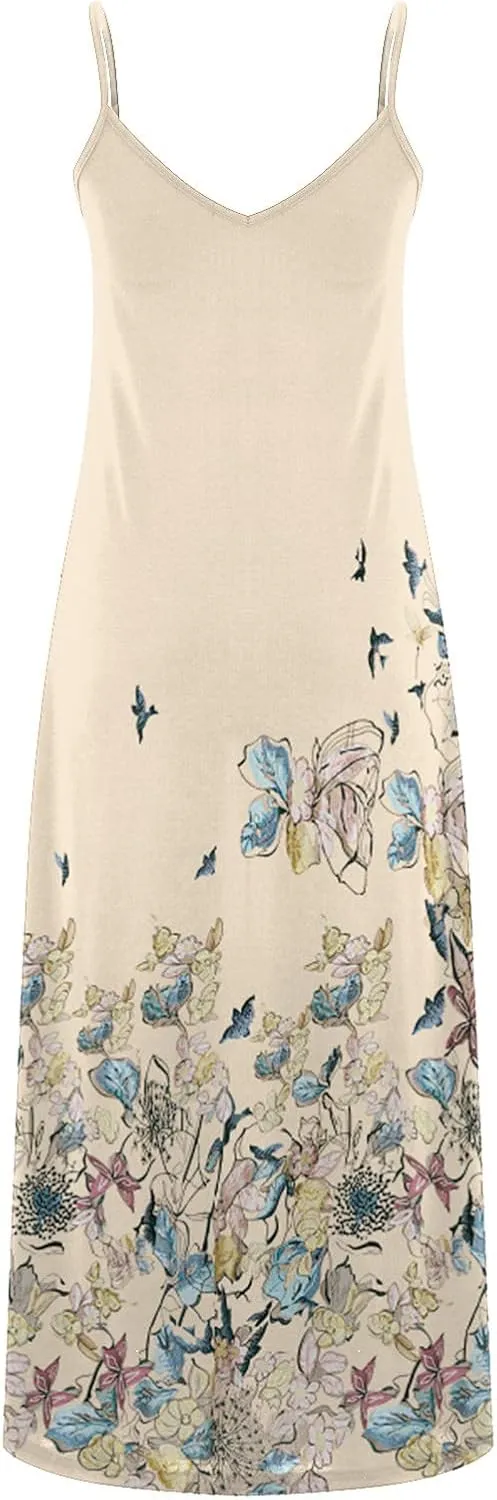 Hawaiian Tropical Beach Dresses for Women Summer Fall Sleeveless Slip V Neck Maxi Long Loose Fit Dresses Women 2024