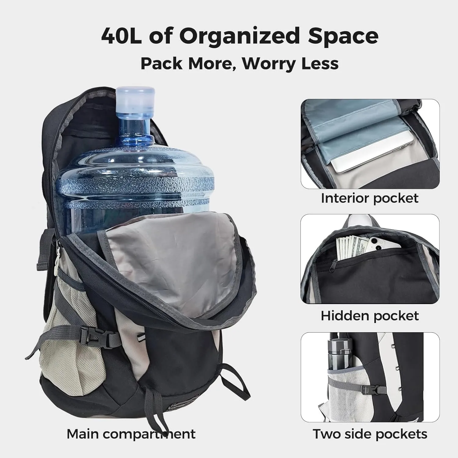 Hiking Backpack,40L Travel Backpacks for Men Women,Water Resistant Ultra Lightweight Foldable Packable Camping Daypack,Black White
