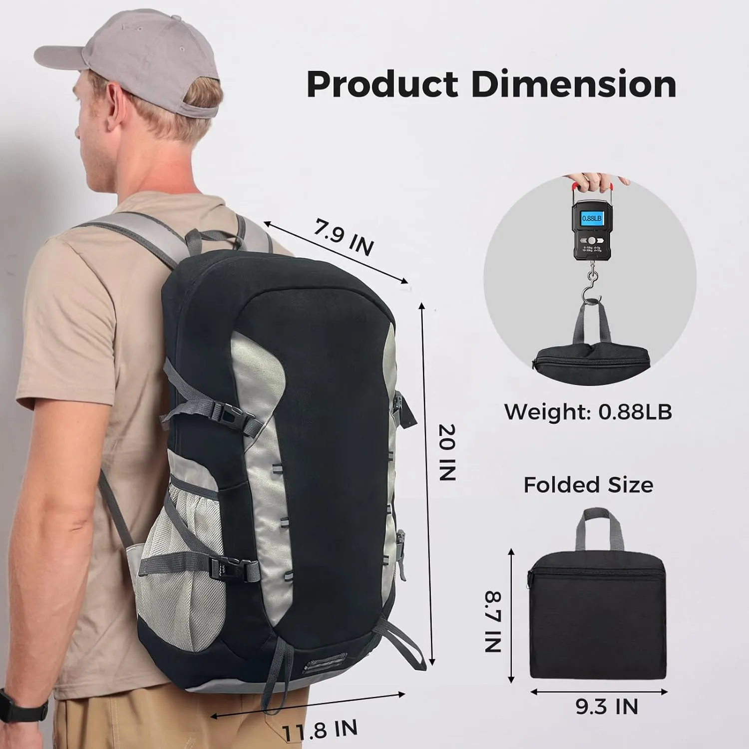 Hiking Backpack,40L Travel Backpacks for Men Women,Water Resistant Ultra Lightweight Foldable Packable Camping Daypack,Black White