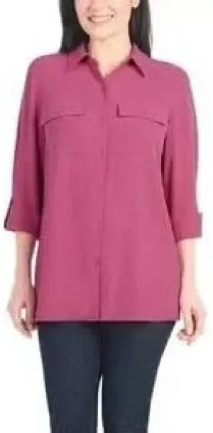 Hilary Radley Women's Roll Tab Sleeve Blouse, Button Down, Long Sleeve, Crinkle Top with Chest Pockets
