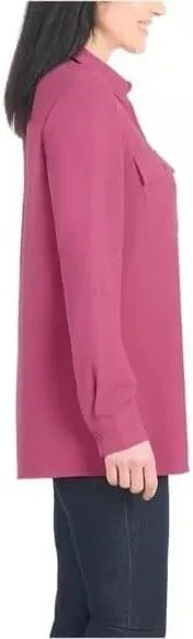 Hilary Radley Women's Roll Tab Sleeve Blouse, Button Down, Long Sleeve, Crinkle Top with Chest Pockets