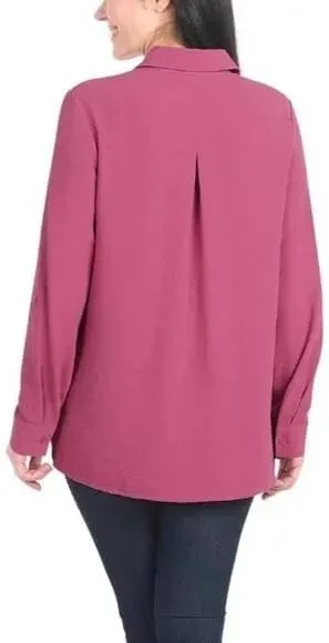 Hilary Radley Women's Roll Tab Sleeve Blouse, Button Down, Long Sleeve, Crinkle Top with Chest Pockets