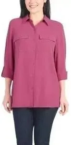 Hilary Radley Women's Roll Tab Sleeve Blouse, Button Down, Long Sleeve, Crinkle Top with Chest Pockets
