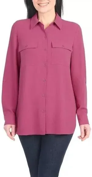 Hilary Radley Women's Roll Tab Sleeve Blouse, Button Down, Long Sleeve, Crinkle Top with Chest Pockets