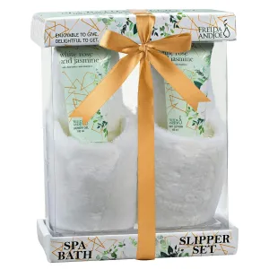 Home Spa Slippers Set Bath Gift Basket - White Rose Jasmine Fragrance - - Contains Body Lotion and Shower Gel, Plush Cozy Close Toe Slippers