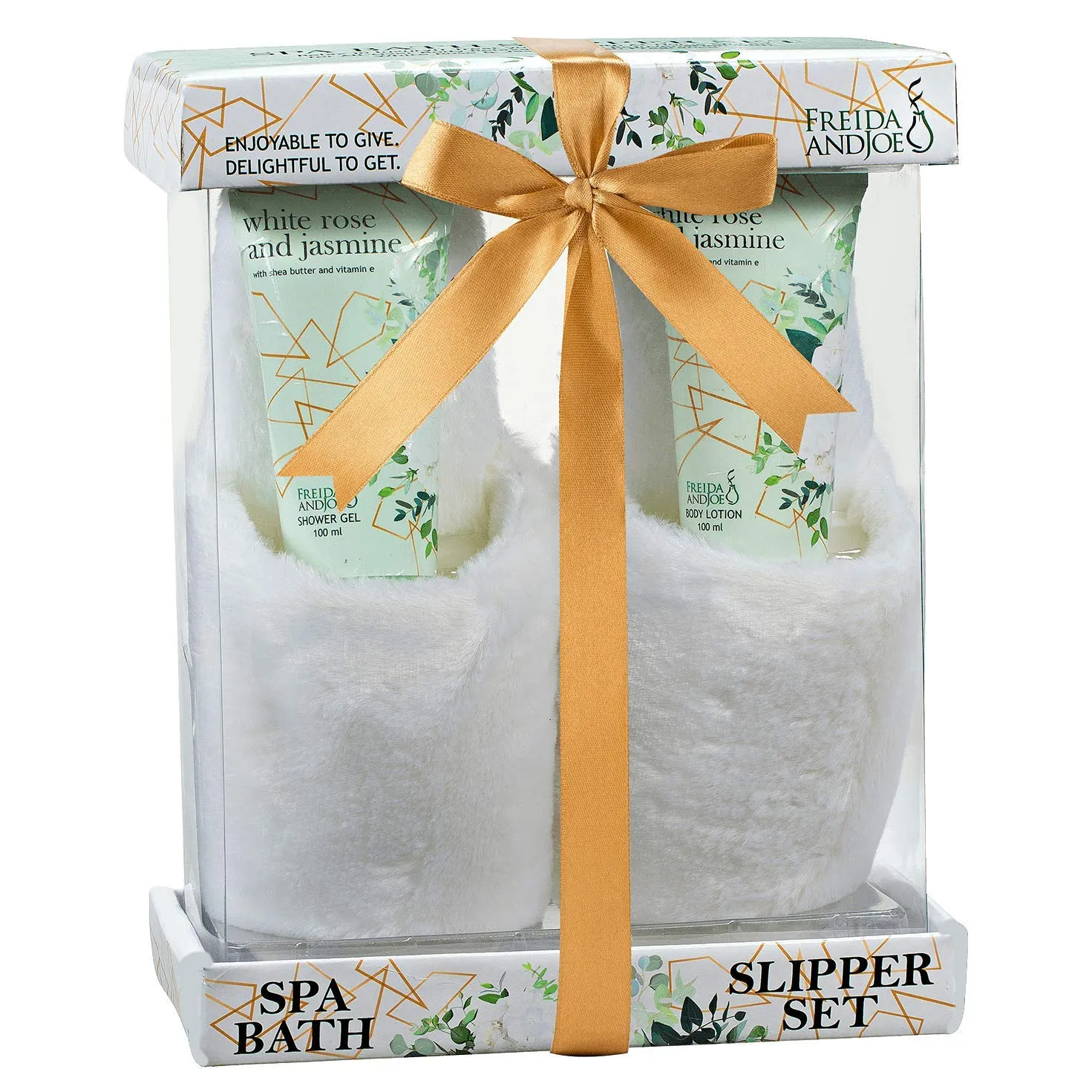 Home Spa Slippers Set Bath Gift Basket - White Rose Jasmine Fragrance - - Contains Body Lotion and Shower Gel, Plush Cozy Close Toe Slippers