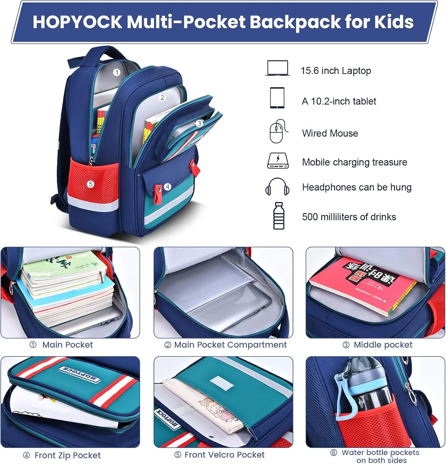 HOPYOCK-School Bags for Boys Girls Kids,Multi-Pocket Unisex Children Backpacks with Night Reflection Primary School Backpack